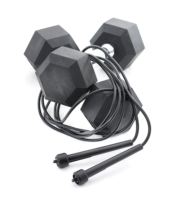 Stock image of weights and a jump rope